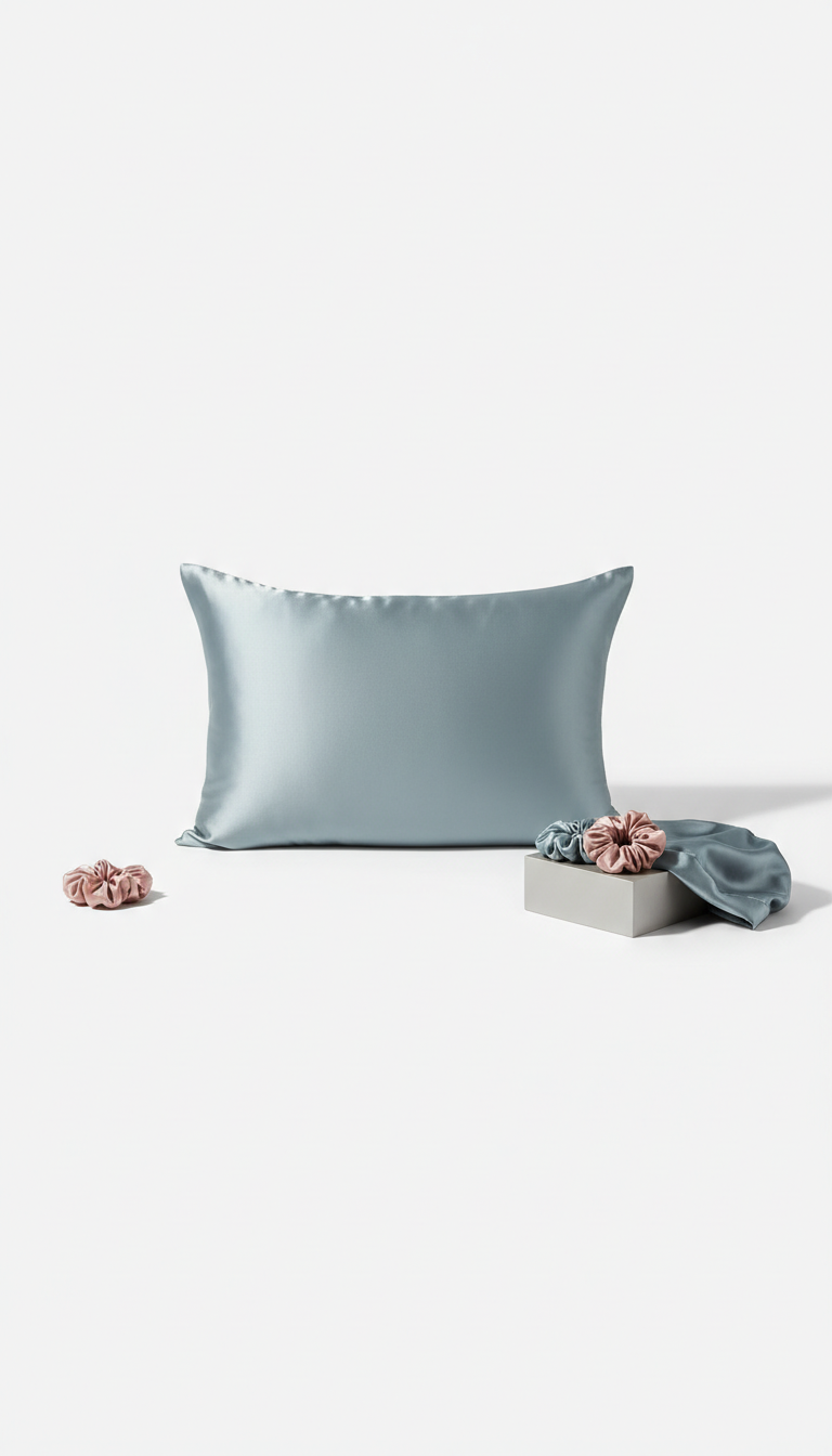 Funda de almohada de seda azul mist con elástico